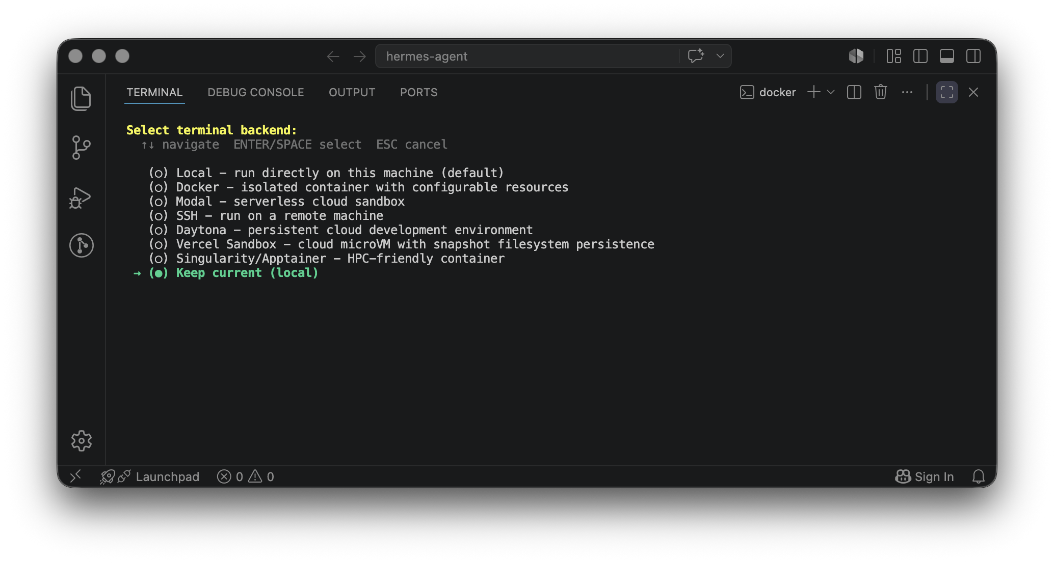 Select terminal backend